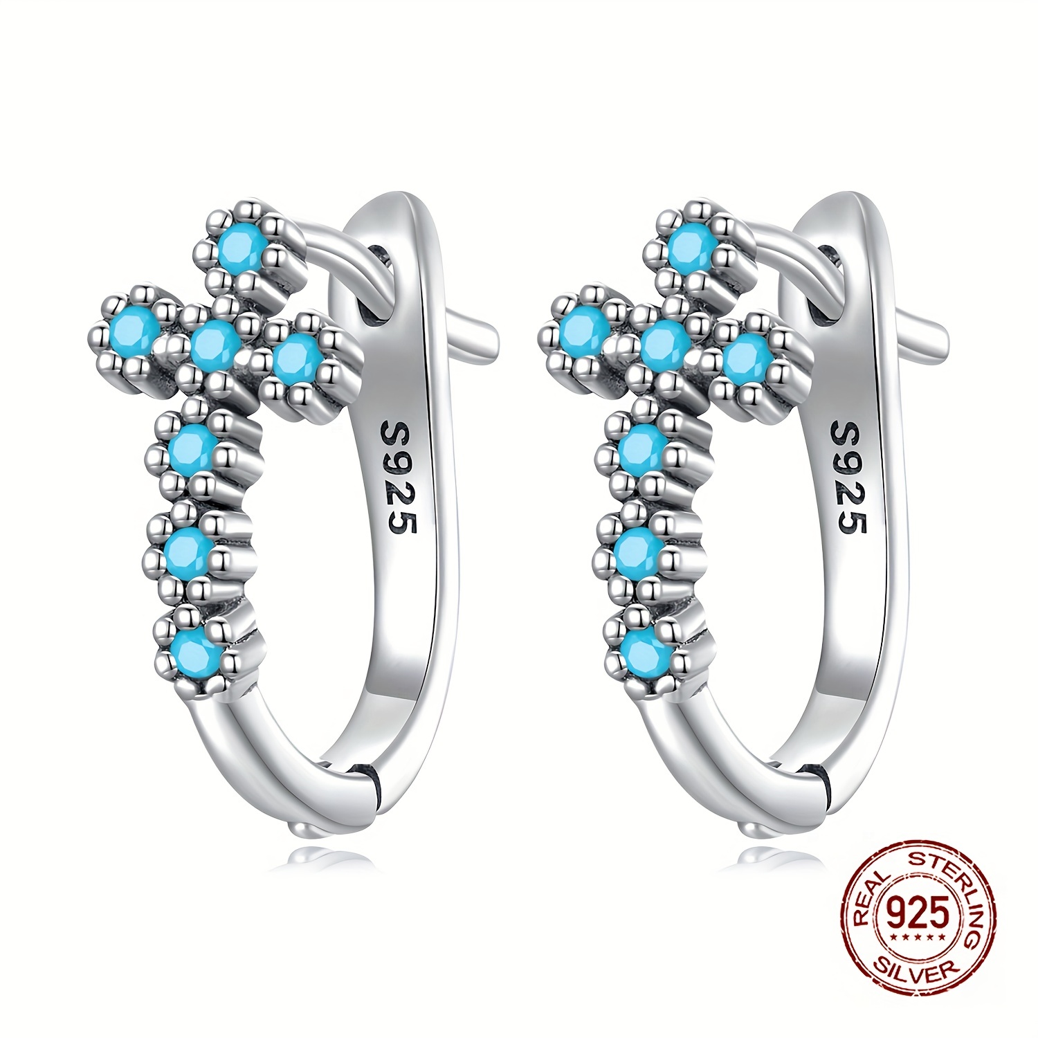 925 Silver Cross Pattern Turquoise Hoop Earrings Bohemian Style